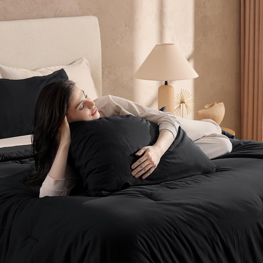 Black Full Size Comforter Set, 3 Pieces Fluffy Solid Bedding Comforters & Sets,