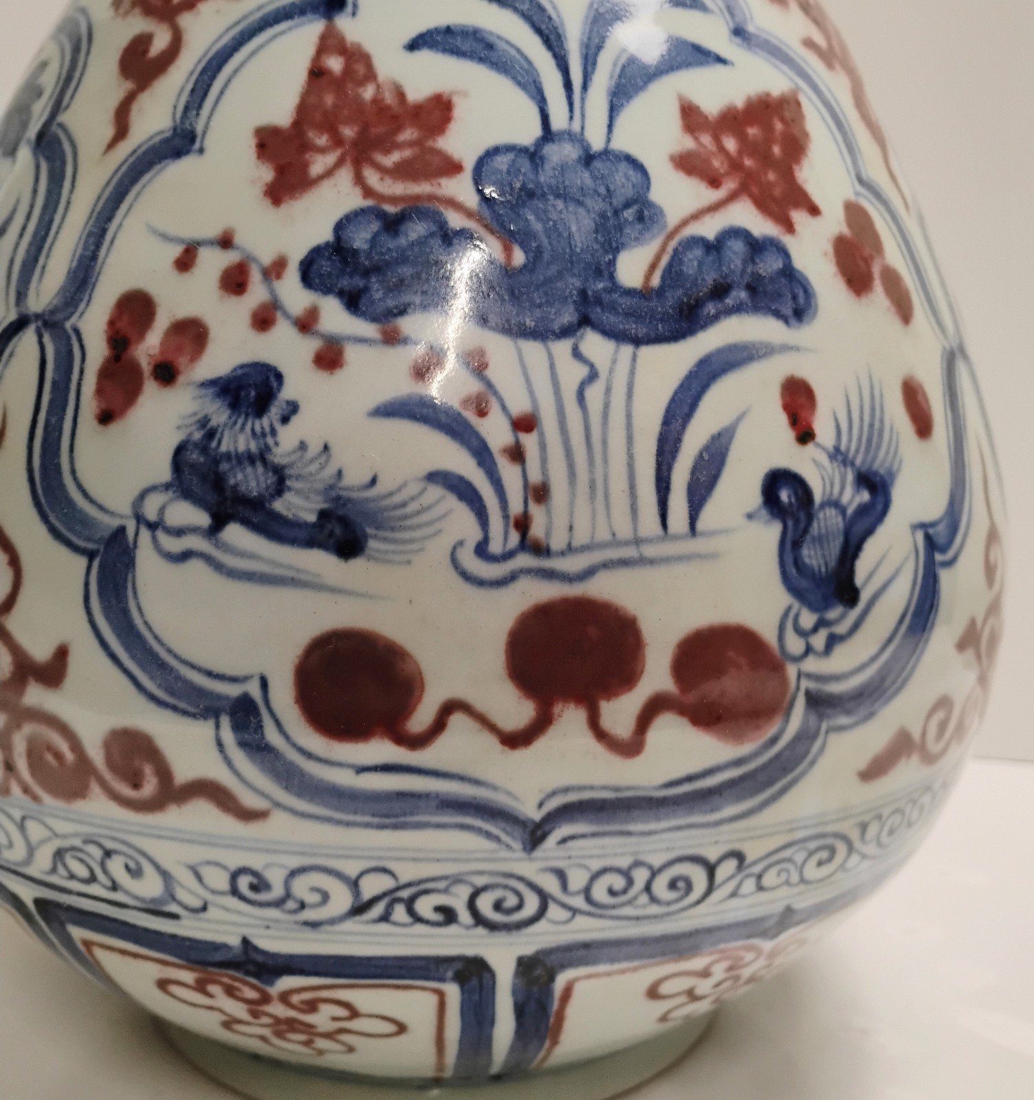 PAIR 20th Century Chinese Blue Copper Red & White Hand Painted Garlic Vase 20"