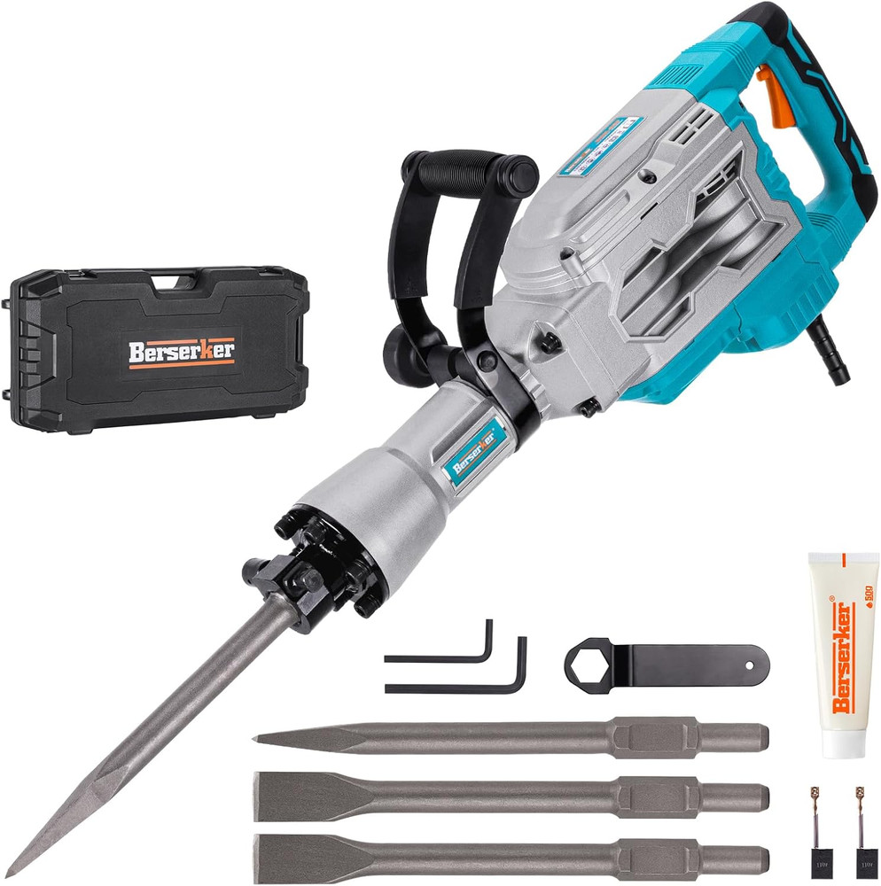 Powerful 30 lb Demolition Jack Hammer with 4 Hex Chisels - Point & Flat Tips
