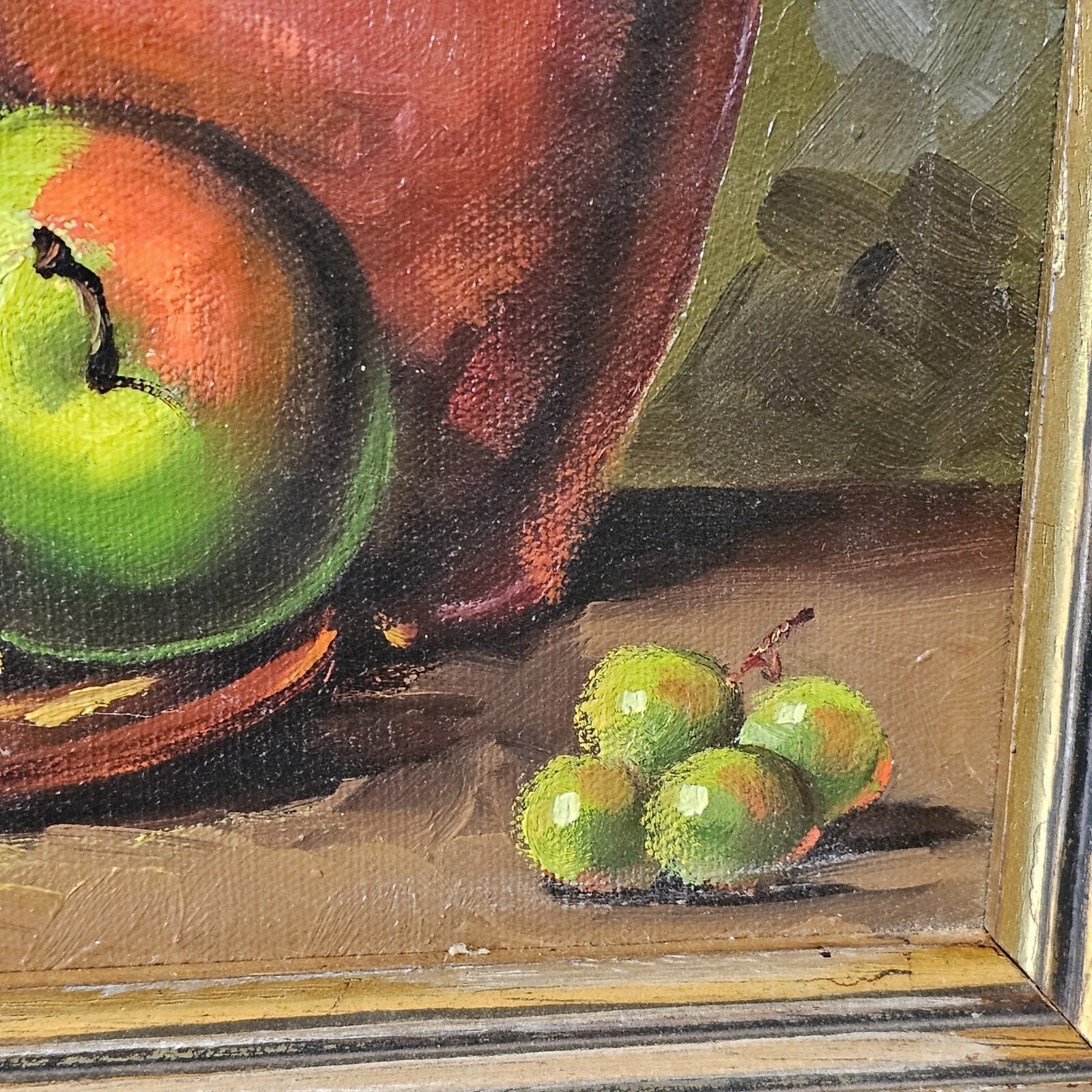 Vintage Still Life Fruit Bowl Oil Painting Apple Canvas Wood Frame Midcentury
