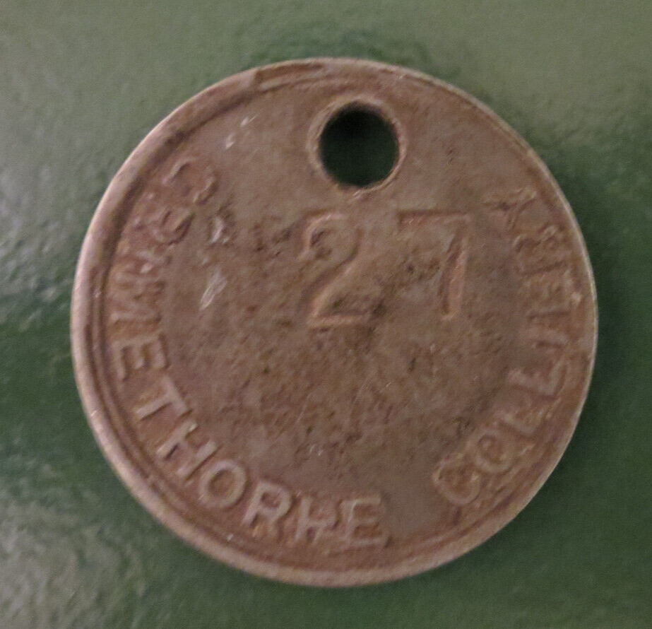 GRIMETHORPE Colliery Pit Check Tally - marked GRIMETHORPE COLLIERY 27