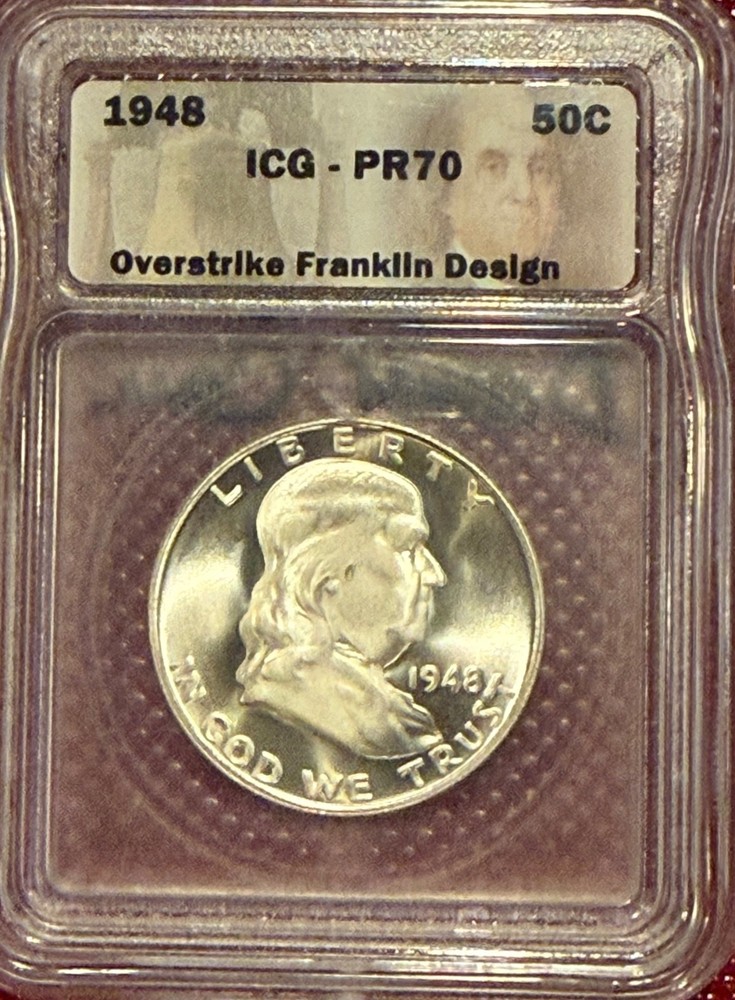 Moonlight Mint Dan Carr 1948-DC proof-like Franklin Silver Half Overstrike