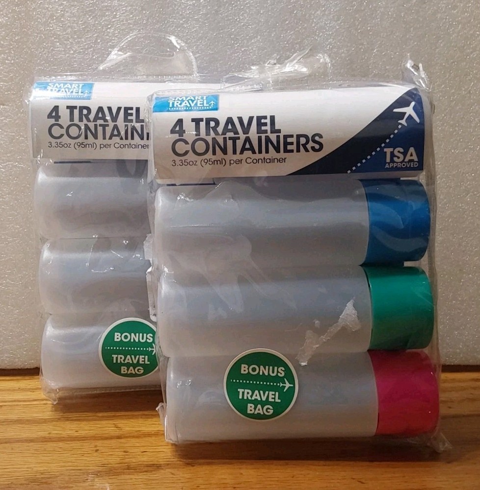TSA Approved Color Coded Tops Refiilable Travel Containers 3.5oz 4pc 2 Sets