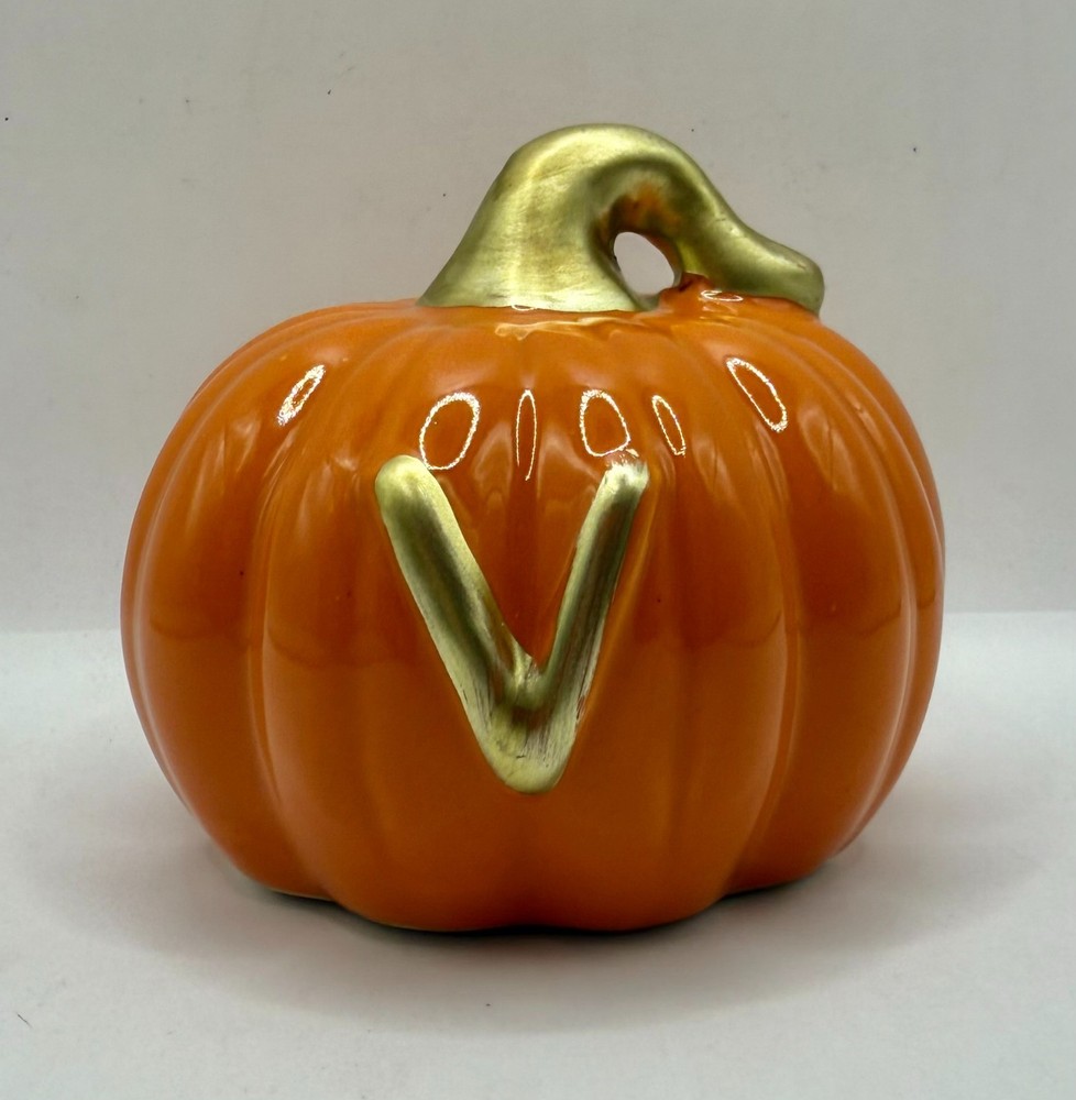 3" ASHLAND CERAMIC ORANGE MONOGRAM V PUMPKIN FALL TABLE TRAY LANTERN FREE SHIP