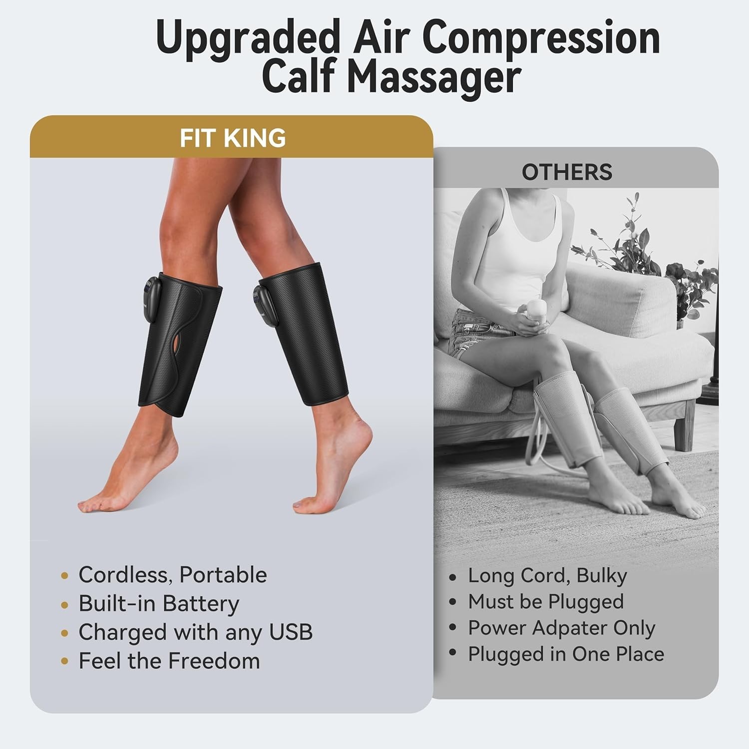 FIT KING Upgraded Cordless Leg Massager for Pain Relief, Relax, Muscle Recovery