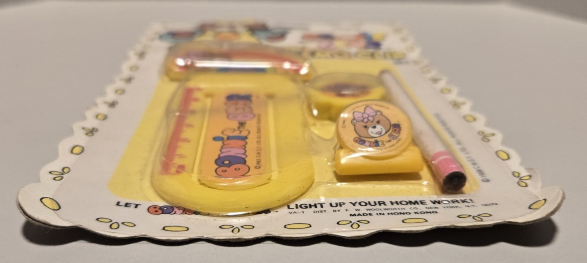 Vintage 1980's Bonnie the Bear Yellow Mini Memo Ruler Clip Set Pencil and Eraser