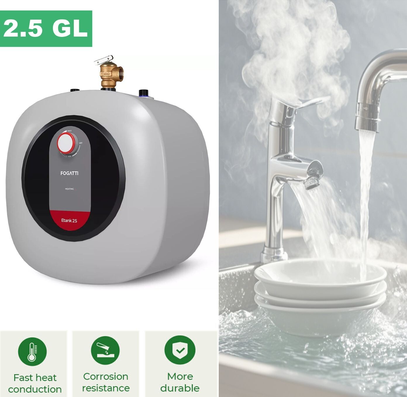 FOGATTI 2.5 Gallon Electric Mini Tank Hot Water Heater Shower Compact Storage