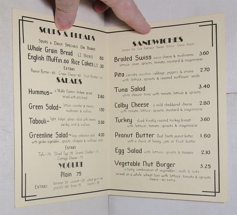 1982 Greenline Diner menu, Princeton, New Jersey