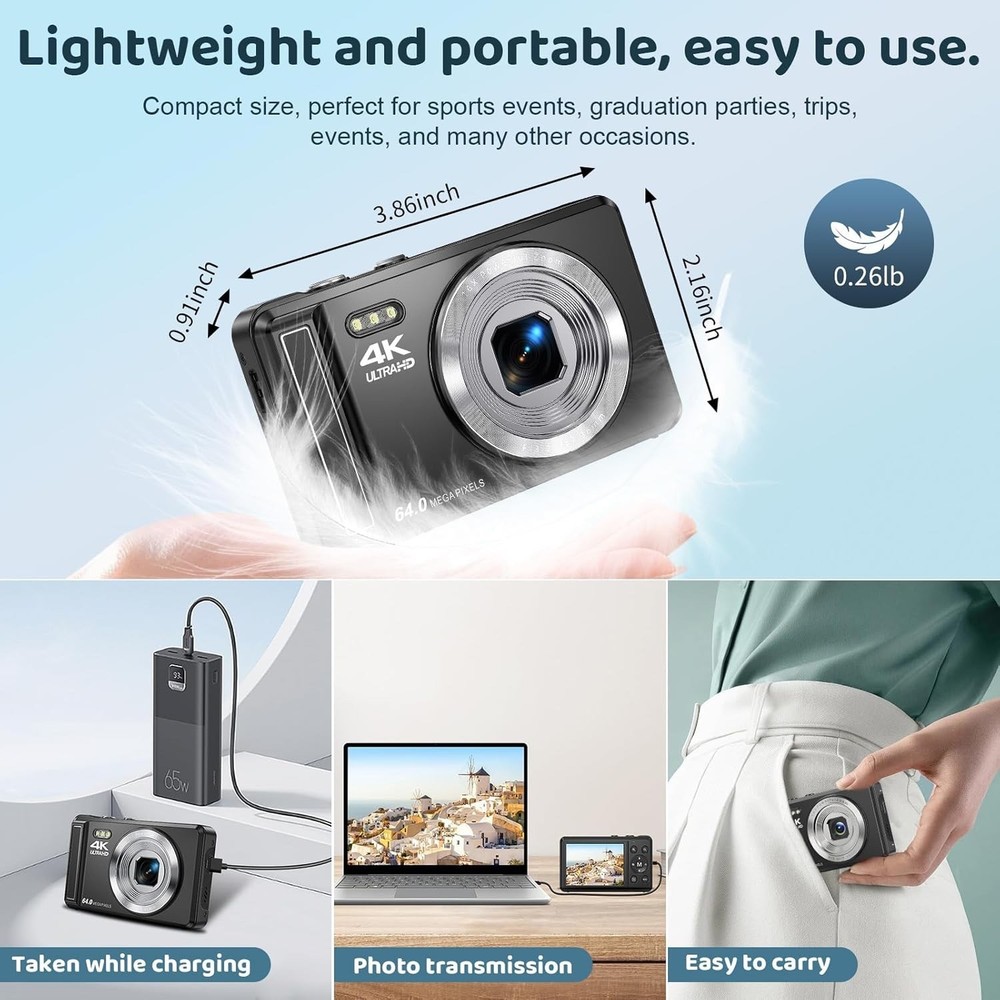 Digital Camera 4K 64MP Digital Camera with 32G SD Card Autofocus Vlogging Camera