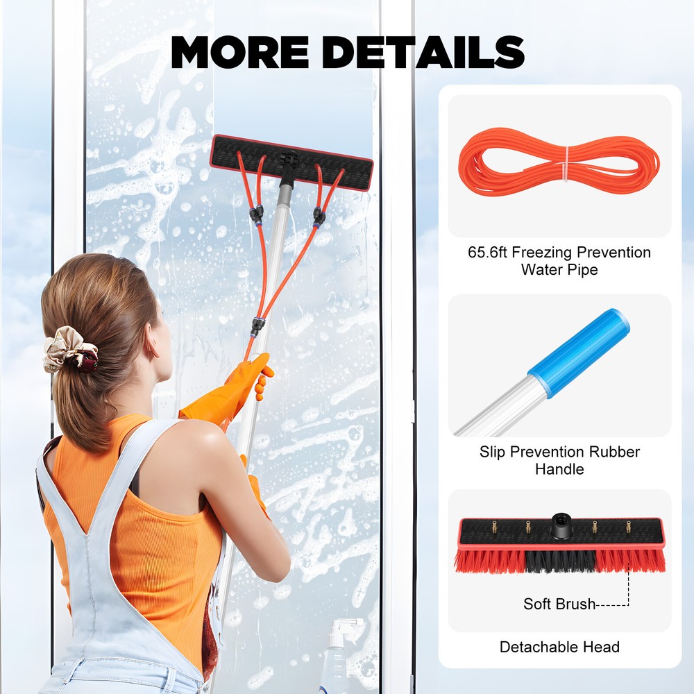 26FT Telescopic Water Fed Pole Cleaning Brush Tool For Window Solar Panel Clean