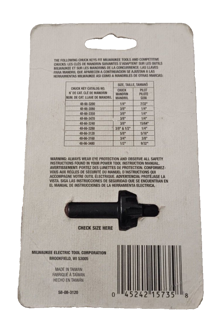 Milwaukee 48-66-3120 Chuck Key w/ 5/16" Pilot Jacobs K3