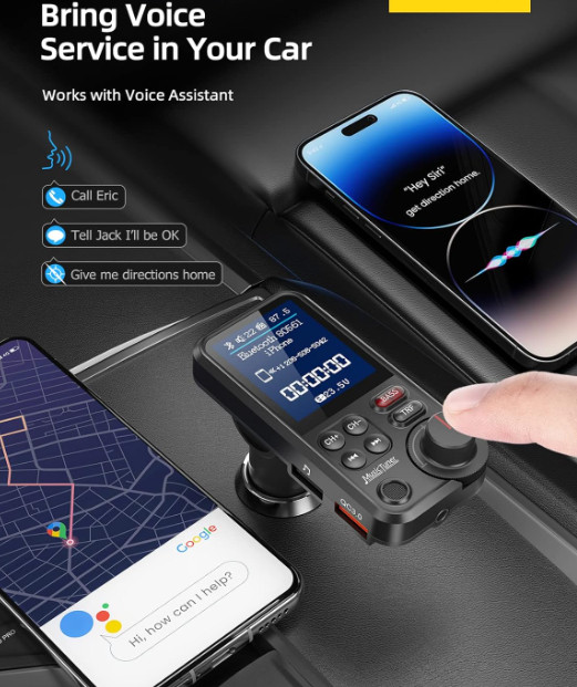 FM Bluetooth Transmitter for Car, Strong Microphone Bluetooth Car Adapter 1.8"