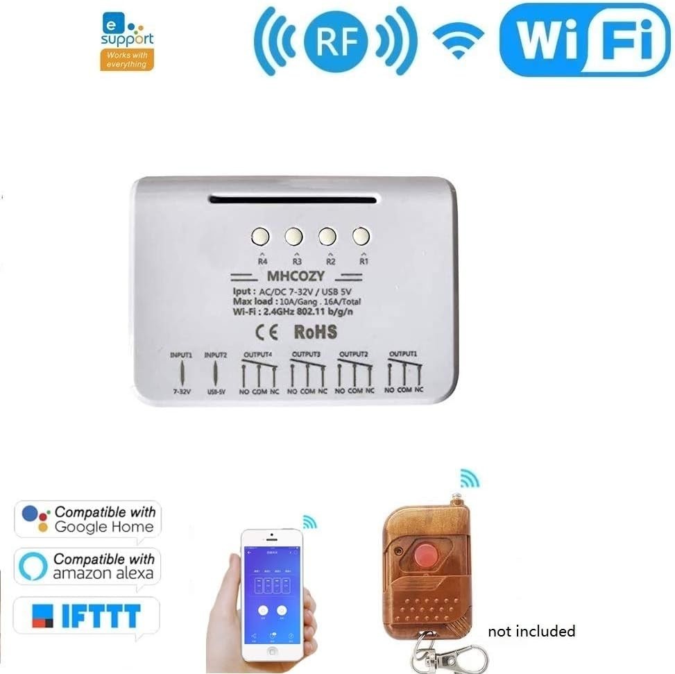 MHCOZY 4CH Wifi RF Wireless Switch Relay,Inching Self-Locking Interlock Mode,Fo