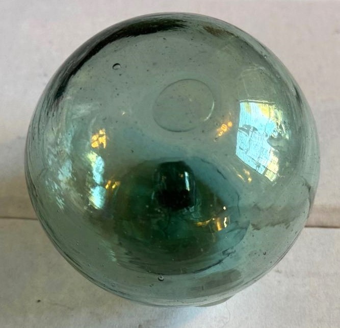 Crude aqua-green glass float, 3 1/4 inches diameter