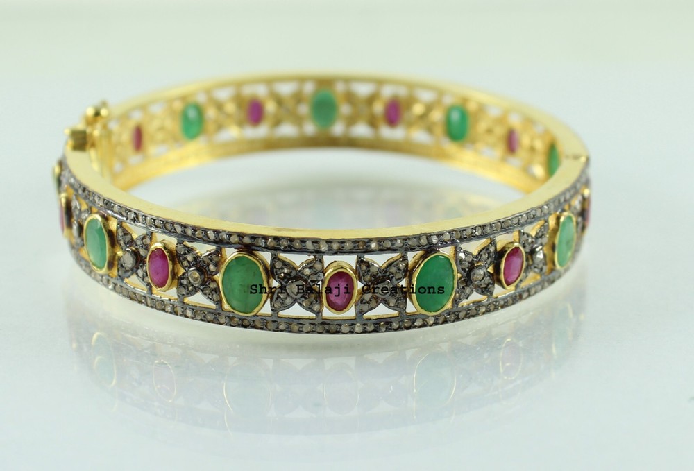 Bangle Natural Rosecut Diamond Emerald Ruby Gemstone 925 Sterling Silver Bangle