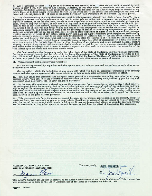 JANE RUSSELL - CONTRACT SIGNED 06/25/1963