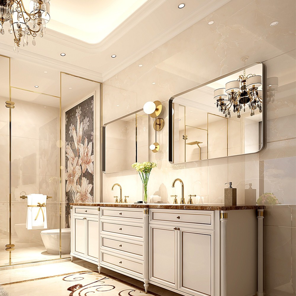 30x20 Inch Glossy Brushed Silver Rectangle Bathroom Mirror with Rounded Corners