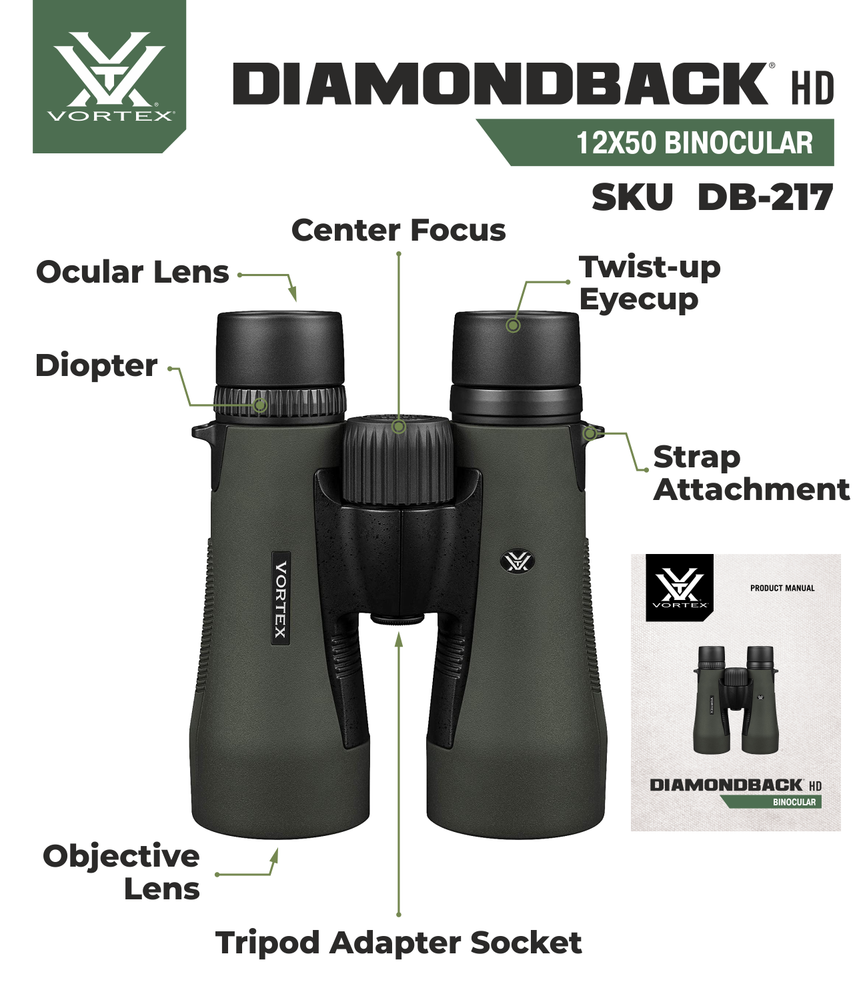Vortex Optics DB-217 Diamondback HD 12x50 Binocular with Free Hat Bundle