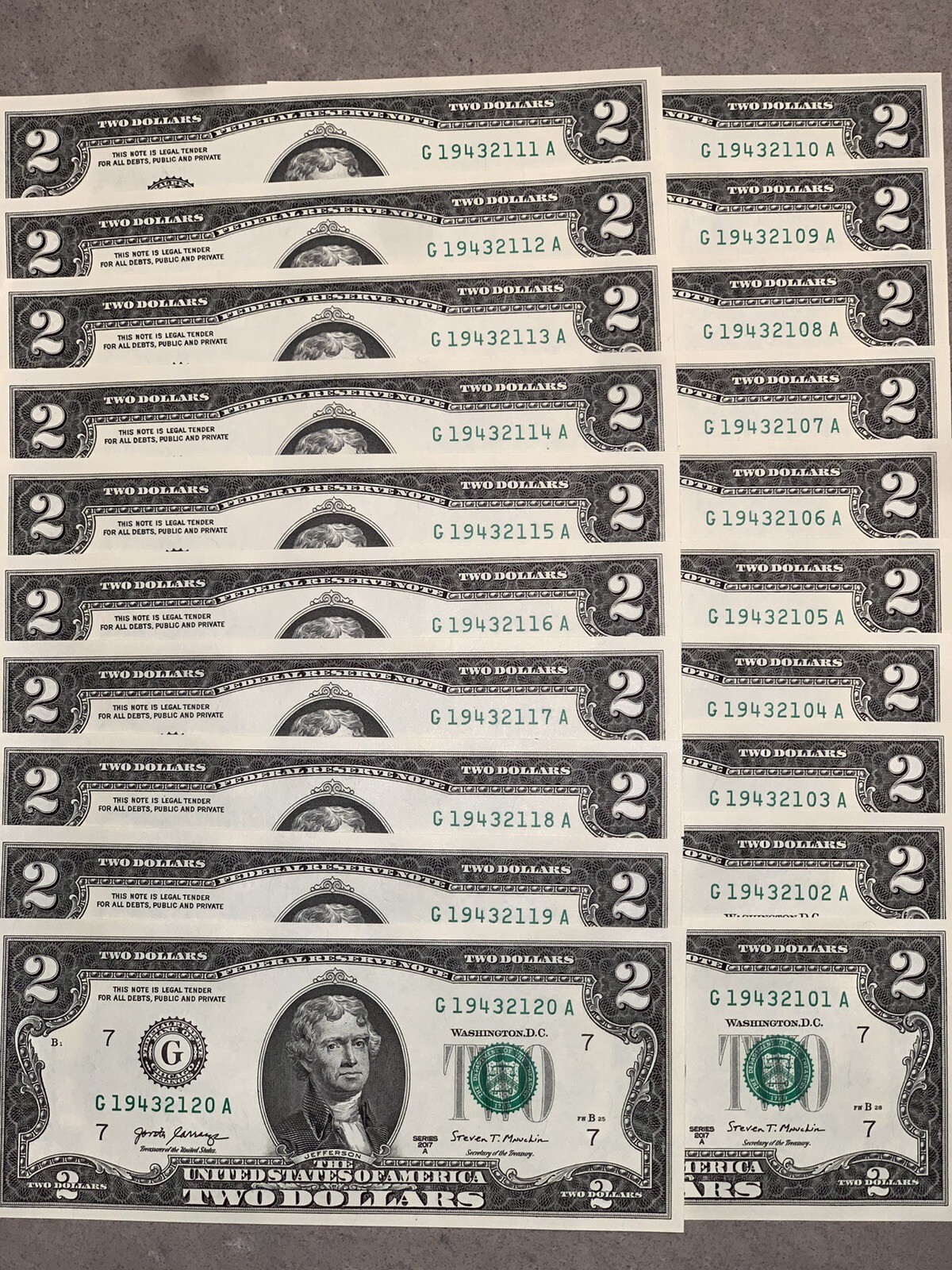 Pack of (20) NEW $2 Bills Uncirculated Consecutive Serial# Two Dollar CRISP