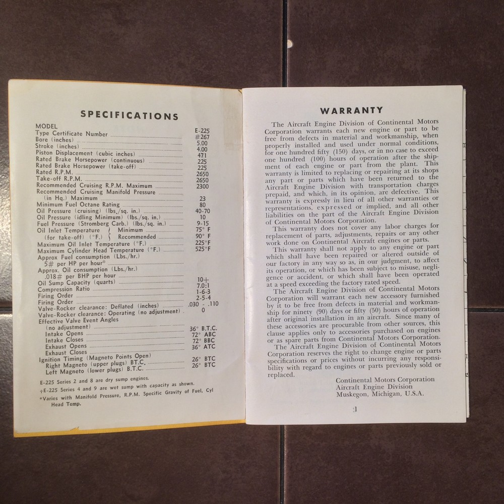 Continental E165 and E185 Six Cylinder Engine Operators Handbook