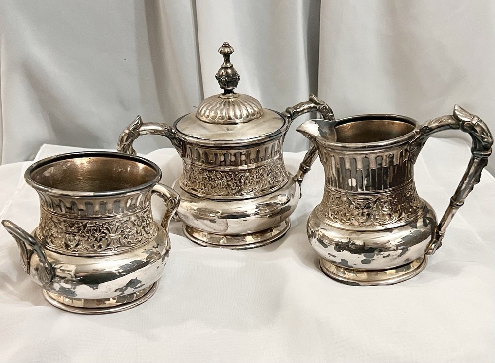 3 Pc Lot REED BARTON “Italian” SilverPlate SUGAR CREAMER BOWL Bacchus DEVIL 1885