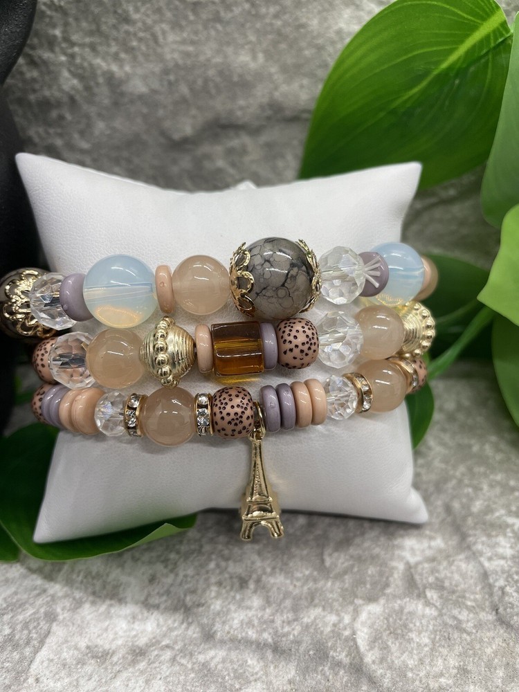 3 PC Handmade Bohemian Beaded Stackable 7” Plus Stretch Bracelet Set New B1687