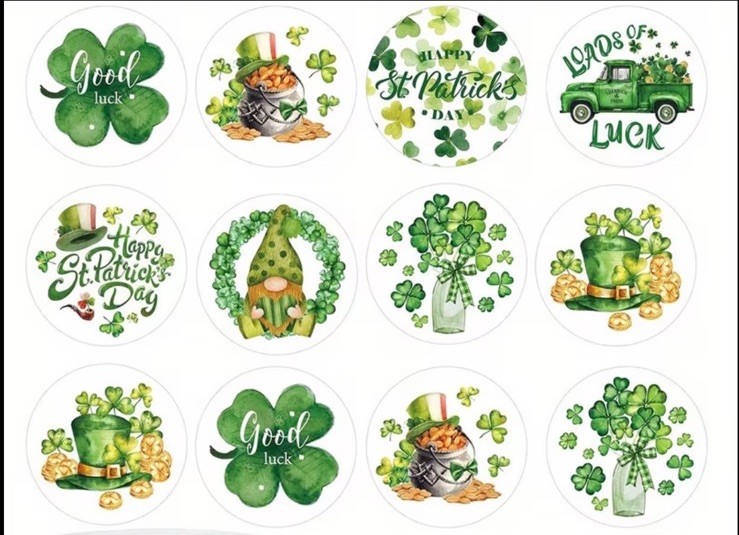40 PCs Round 1” St Patrick’s Day Themed Stickers 8 Designs Parties Env Seals