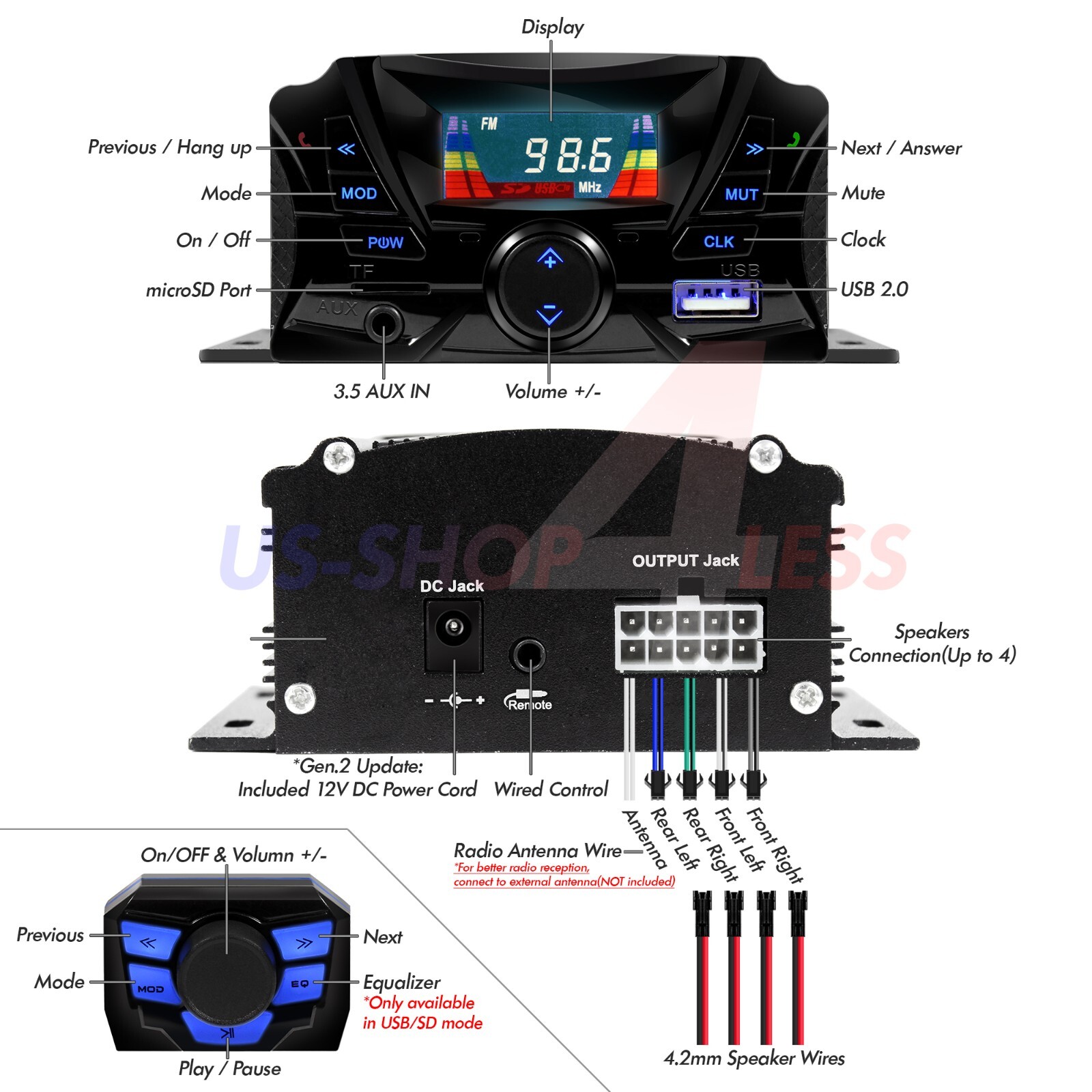 Bluetooth Motorcycle Stereo Chrome Speakers Audio Music System Scooter USB Radio