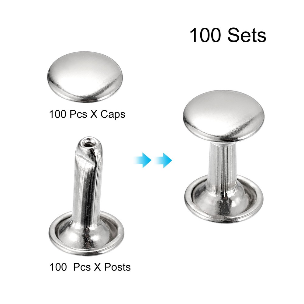 100 Sets Leather Rivets, 7x10mm Double Cap Rivets, Silver Tone
