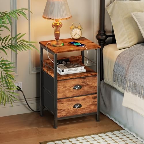 End Table with Charging Station, Nightstand with Fabric 1 pc Rustic Brown
