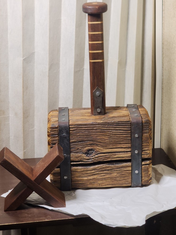 Thor's Hammer, Medieval Viking Solid Oak Head Walnut Handle With Display Stand