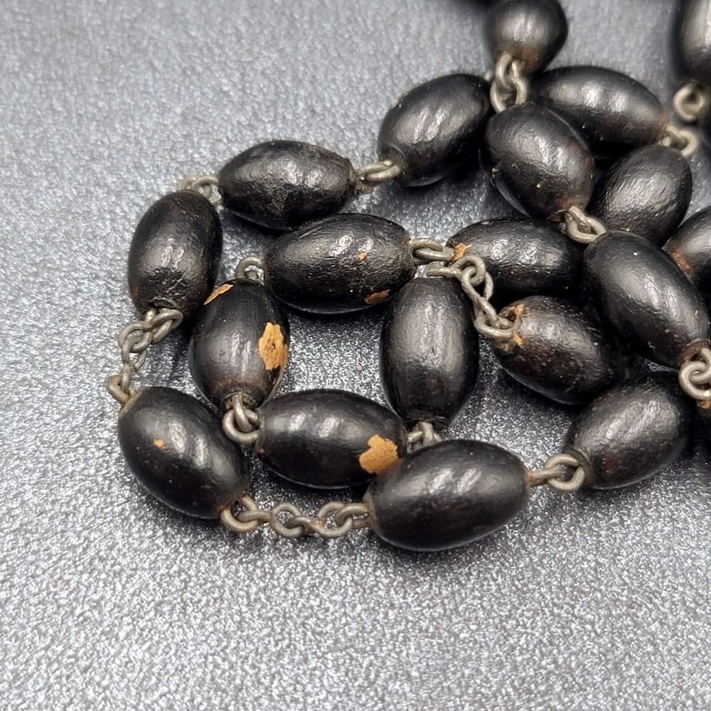 Vintage Black Seed Beaded Rosary Silver tone Well-Loved