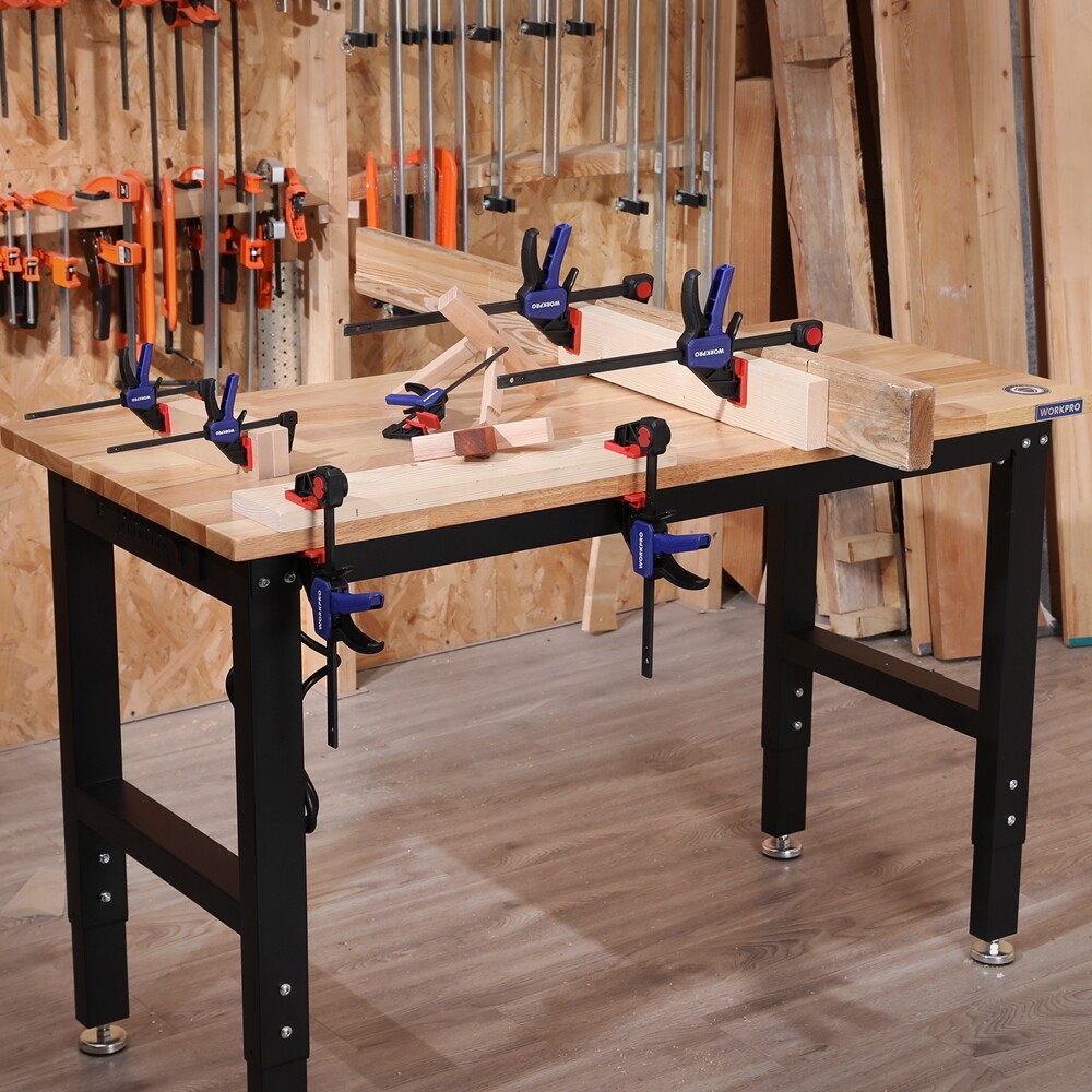 WORKPRO 48" Adjustable Workbench, Rubber Wood Top Heavy-Duty Workstation