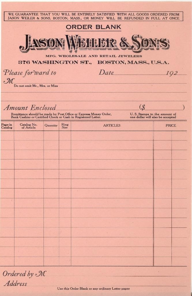 1920s Antique Catalog/Order Form "JEWELRY WATCHES SIVER PURSES CLOCKS" VG Boston