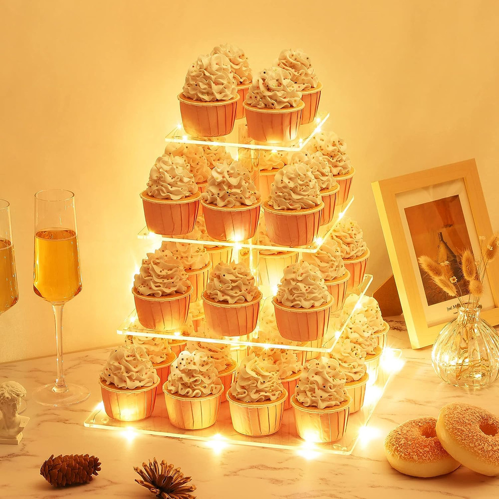 4 Tier Cupcake Stand with LED String Light, Acrylic Cupcake Display Stand, Squar
