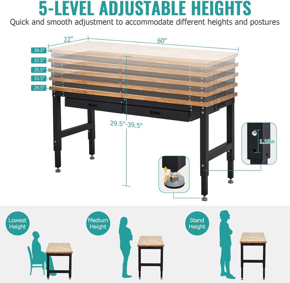 60" Workbench Adjustable Height Work Table w/ Drawers & Pegboard & Power Outlets
