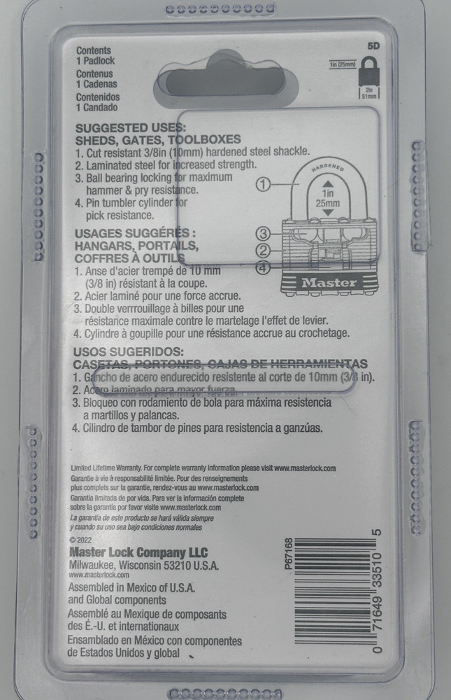 Master Lock Padlock Model 5D Security Level 8, 1" Shackle Clearance