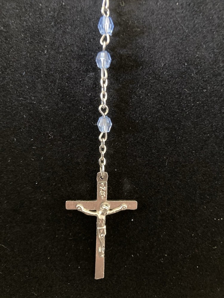 Rosary: Light Blue Beads w Silver Tone Chain 18"