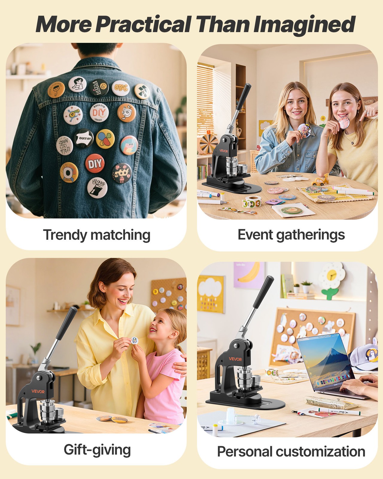 VEVOR Button Maker Machine Pin Maker Machine 1.25 in 500pcs Button Parts Black