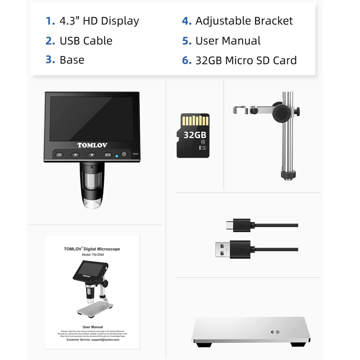 TOMLOV DM4 Digital Microscope 1000X 4.3" Screen 32G Coin Microscope Video/Photo