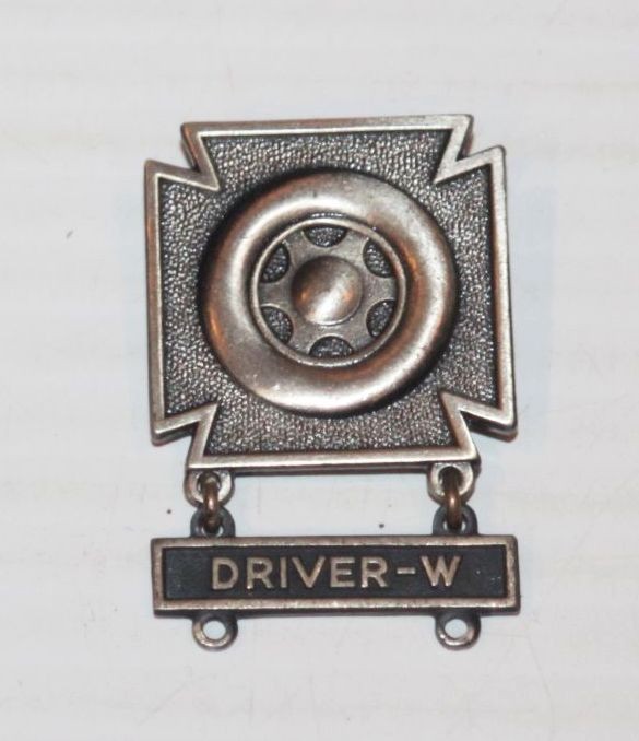 WWII Era Sterling Silver Driver Qualification Badge Pin + W Bar Wheeled Vehicle