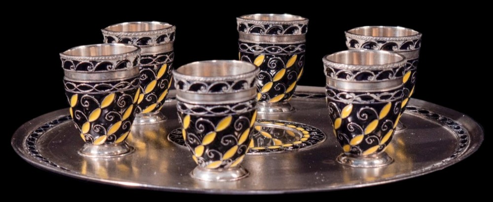 Russian Silver and Enamel Vodka Set with Tray