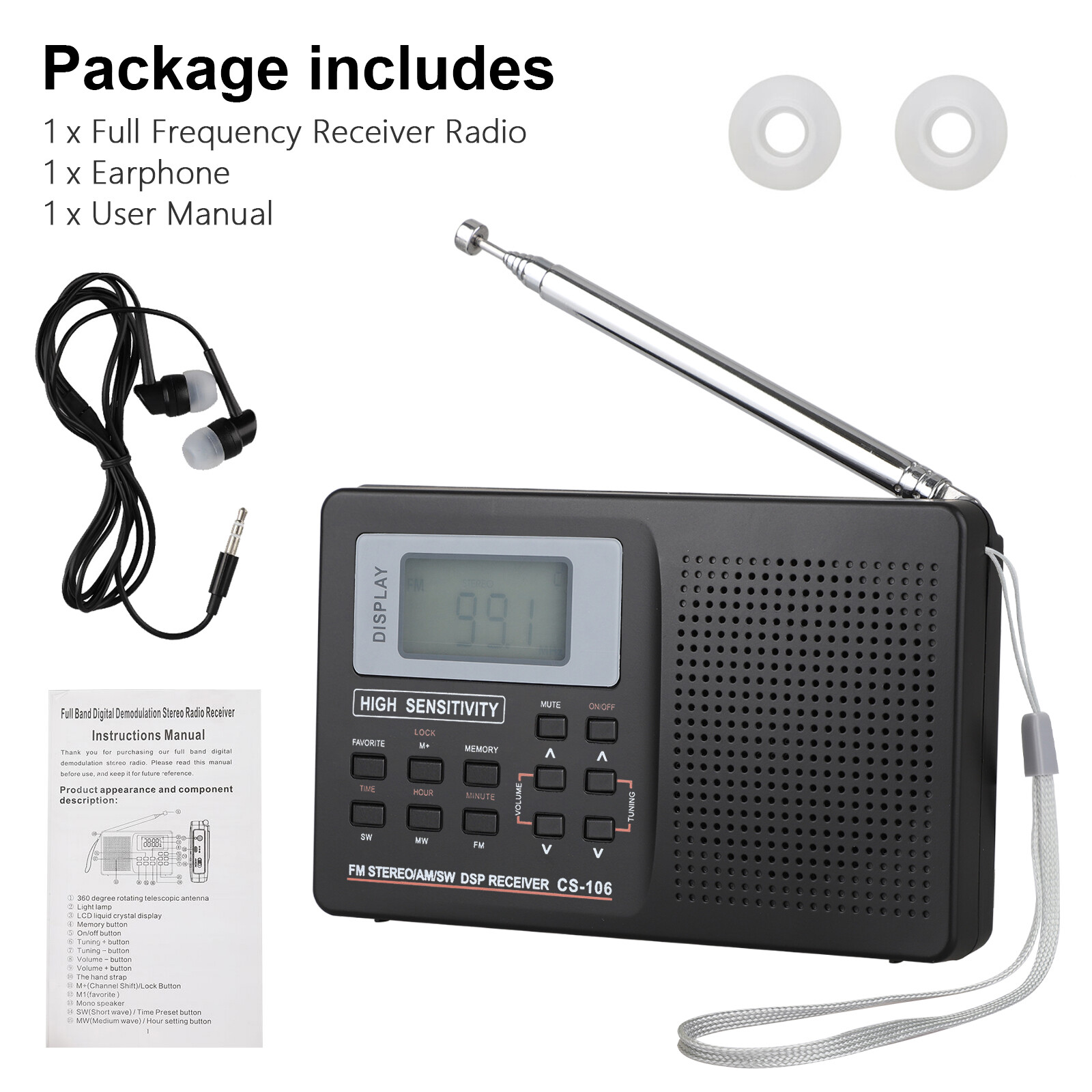 Portable Full Band AM/FM/SW/MW/LW Radio Digital Stereo Speaker Player+Headphones