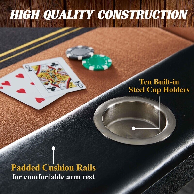 10 Player Folding Poker Table No Assembly Portable Cup Holders Cushion Rail