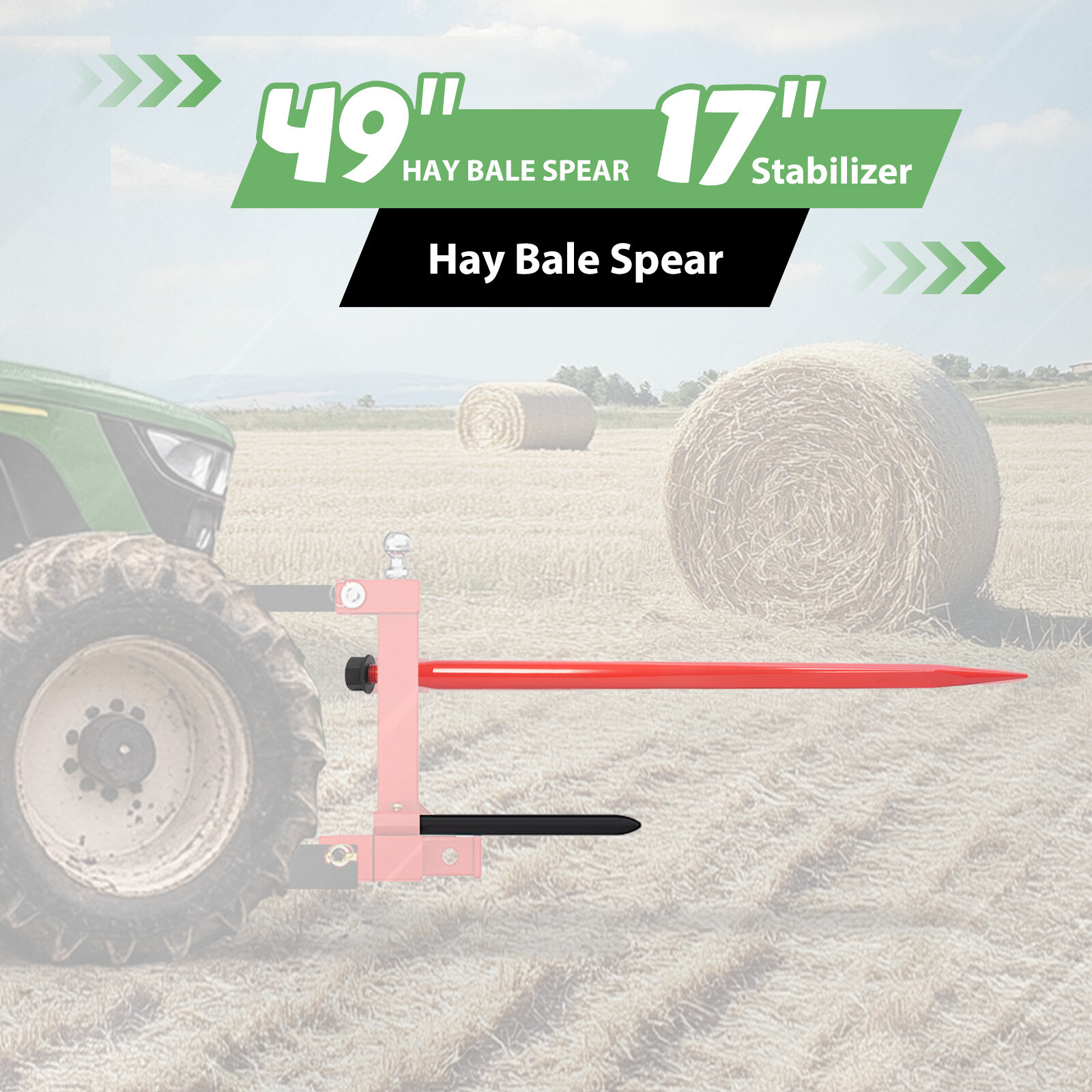 Hay Bale Spear Quick Attach Square W/Stabilizers Sleeves Spike Fork For Tractors