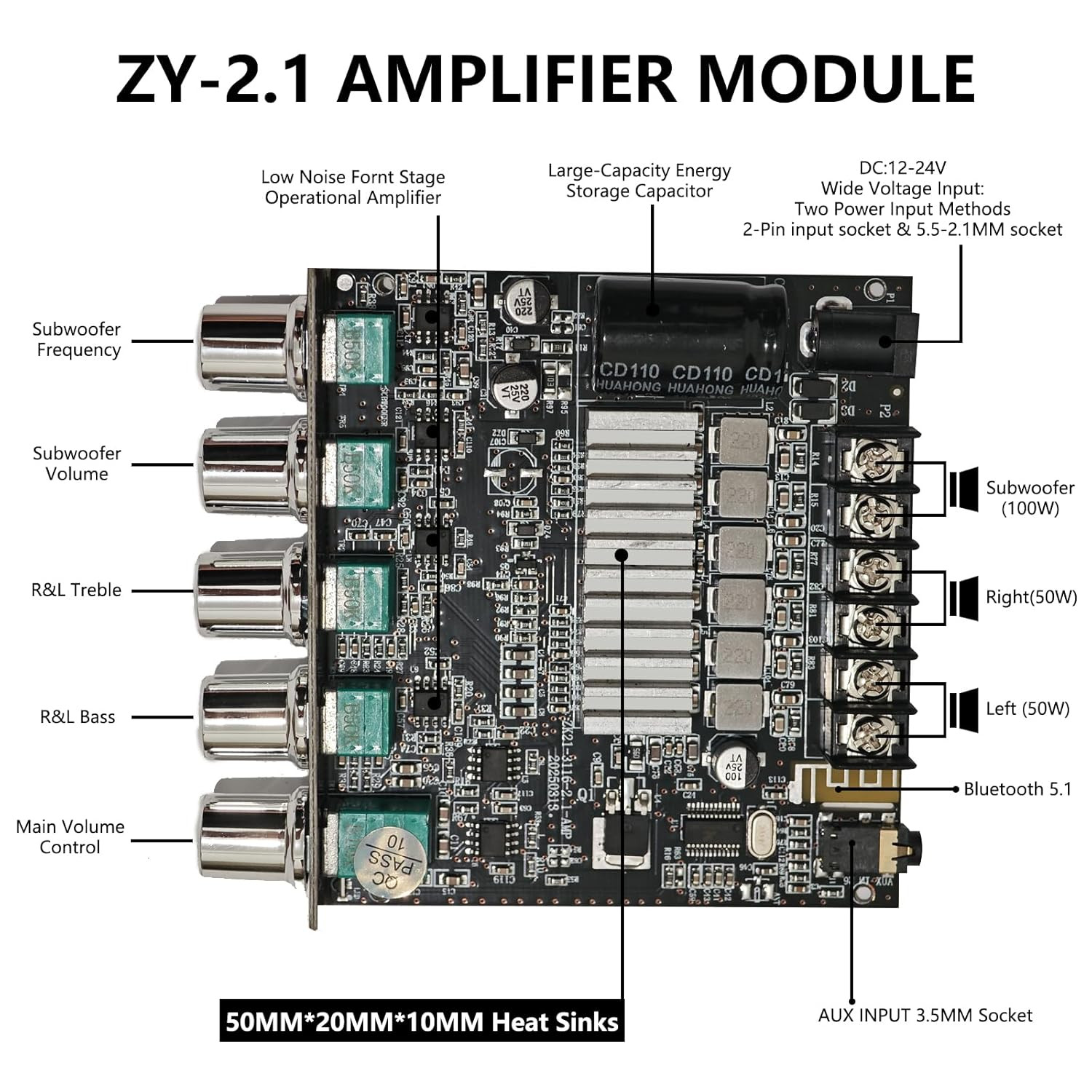 Bluetooth 5.1 Audio Stereo Amplifier Board,200W Hifi 2.1 Channel Mini Subwoofer