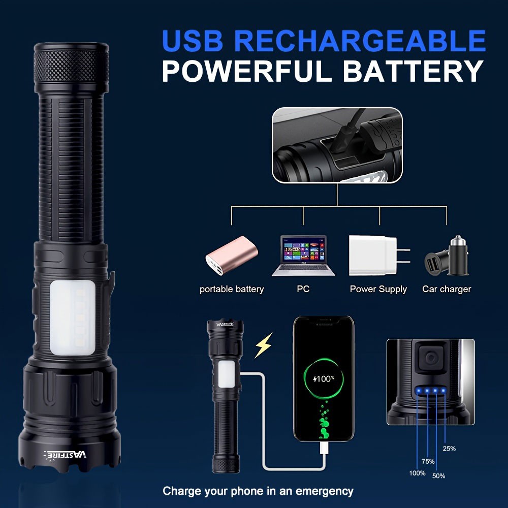 Super Bright LED Flashlight Zoomable Torch USB Rechargeable COB Side Soft Light