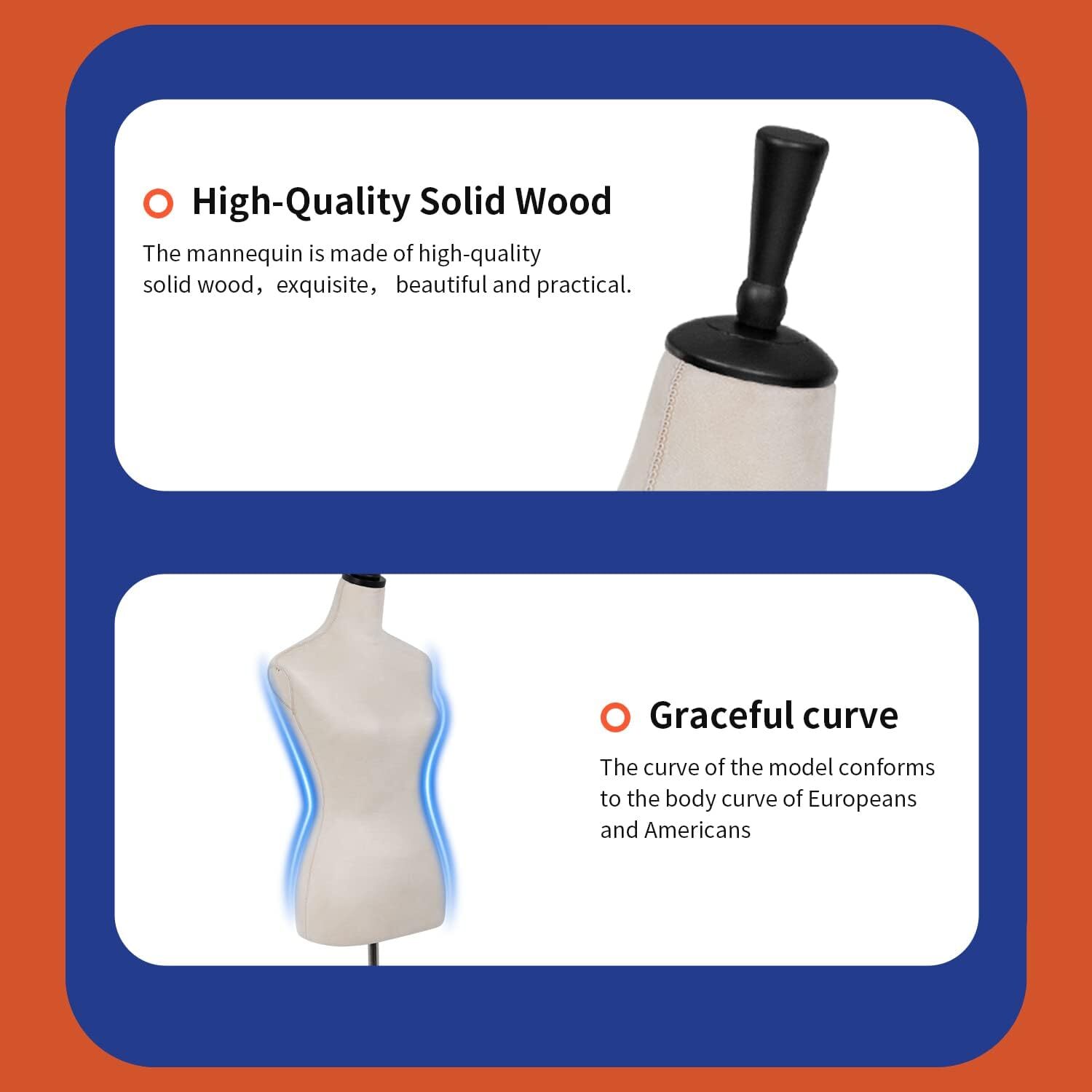 Female Mannequin Torso Dress Form w/Adjustable Tripod Standing Wood Base, 59-67"