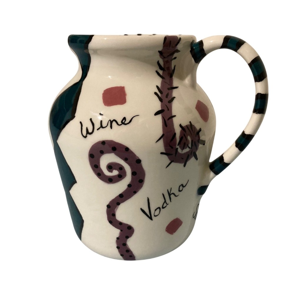 Hand Painted Barware Ceramic Pitcher With Abstract Design Fun Drink-Themed Text