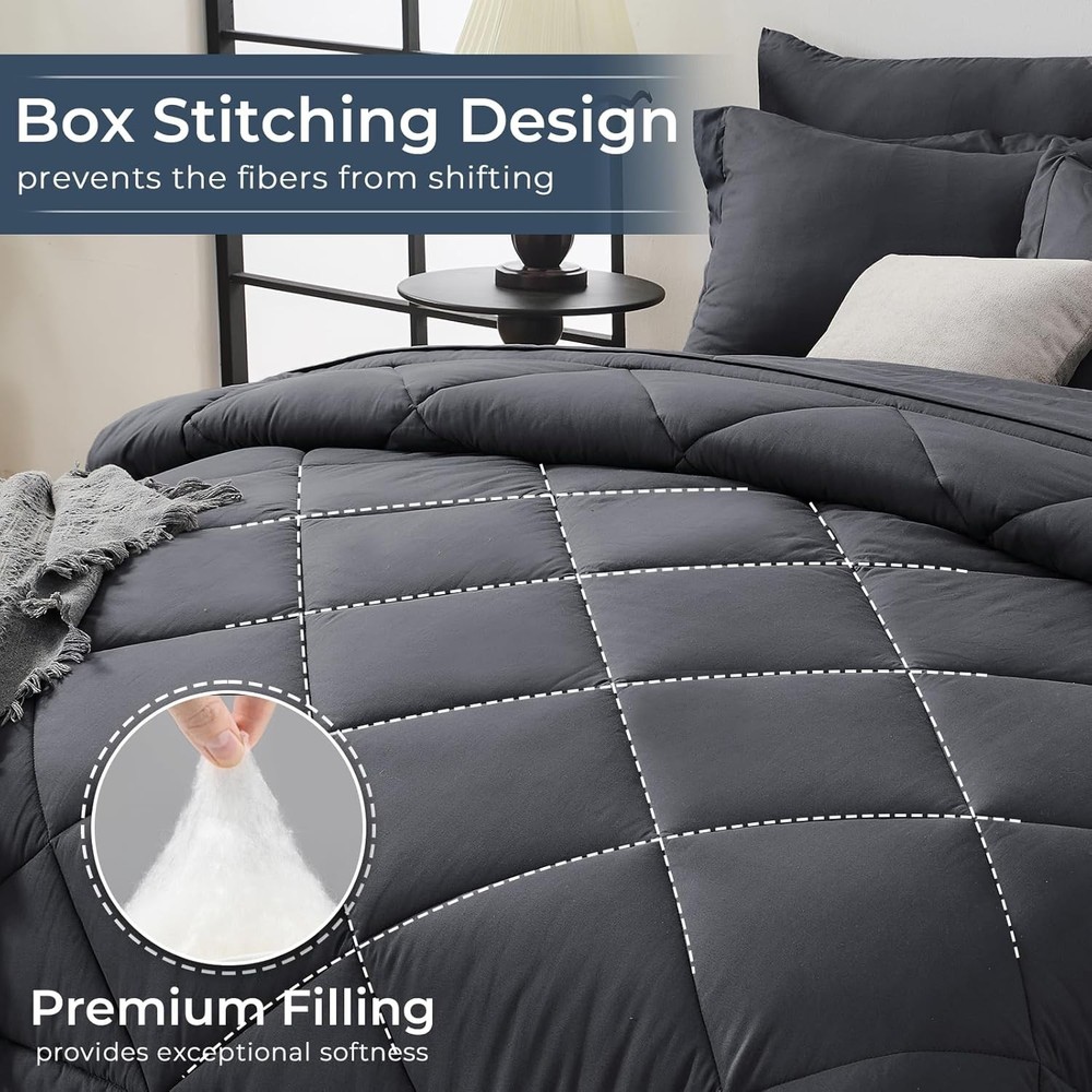 Luxurious 7-Piece Reversible Queen Bedding Set - Grey Comforter Included